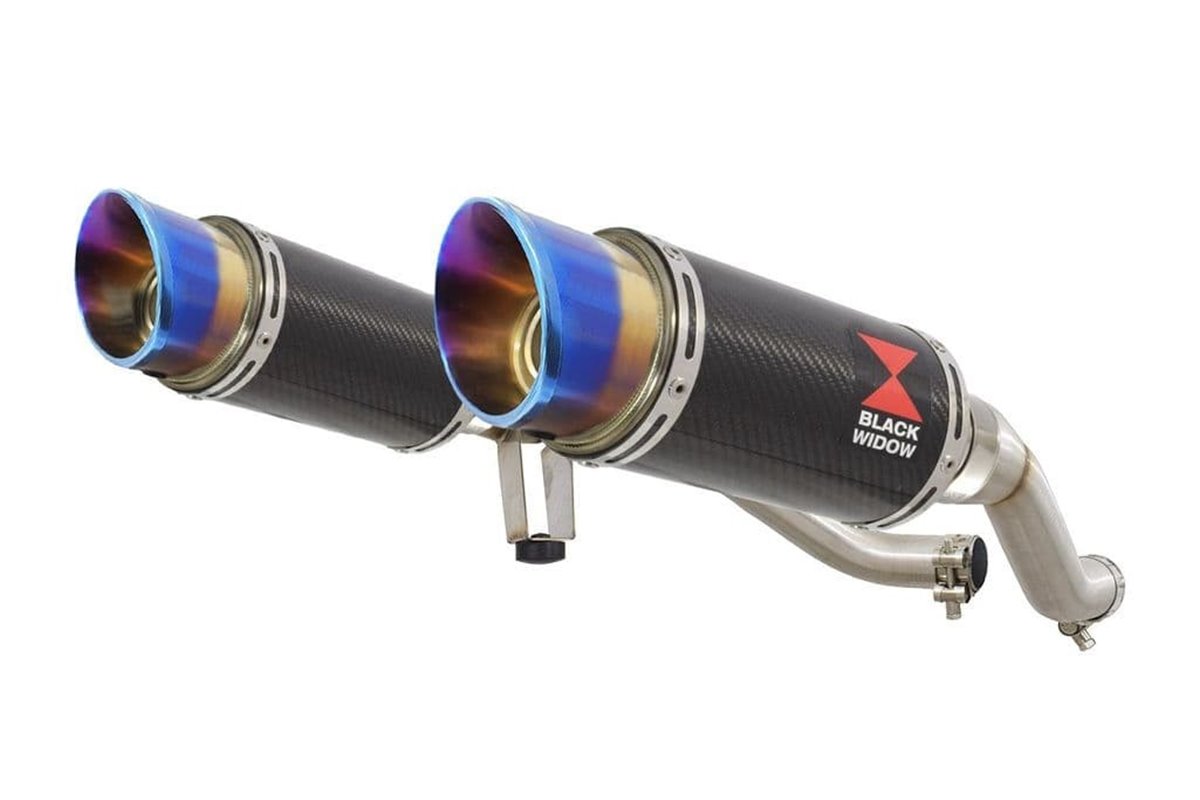 Twin Exhaust Silencer 200mm Round Blue Tip Carbon SUZUKI GW 250 Inazuma 2012-2017 Black Widow