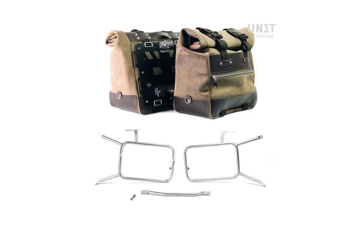 PAIR of CULT LEATHER SIDE BAGS 40L - 50L - ATLAS UNIT GARAGE PLATE/FRAMES for BMW R NINE T / SCRAMBLER