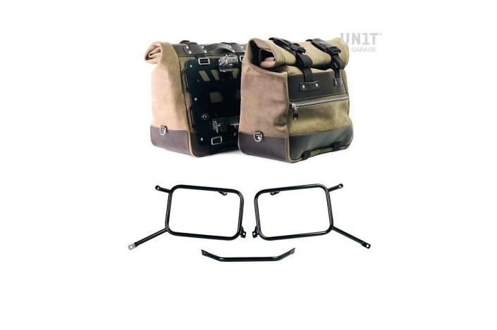 PAIR OF CULT LEATHER SIDE BAGS 40L - 50L/PLATE/FRAMES UNIT GARAGE TRIUMPH BONNEVILLE T120 2016-2024