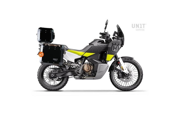 COPPIA di BORSE ATLAS ALLUMINIO 47L+41L + TELAIO UNIT GARAGE per HUSQVARNA NORDEN 901