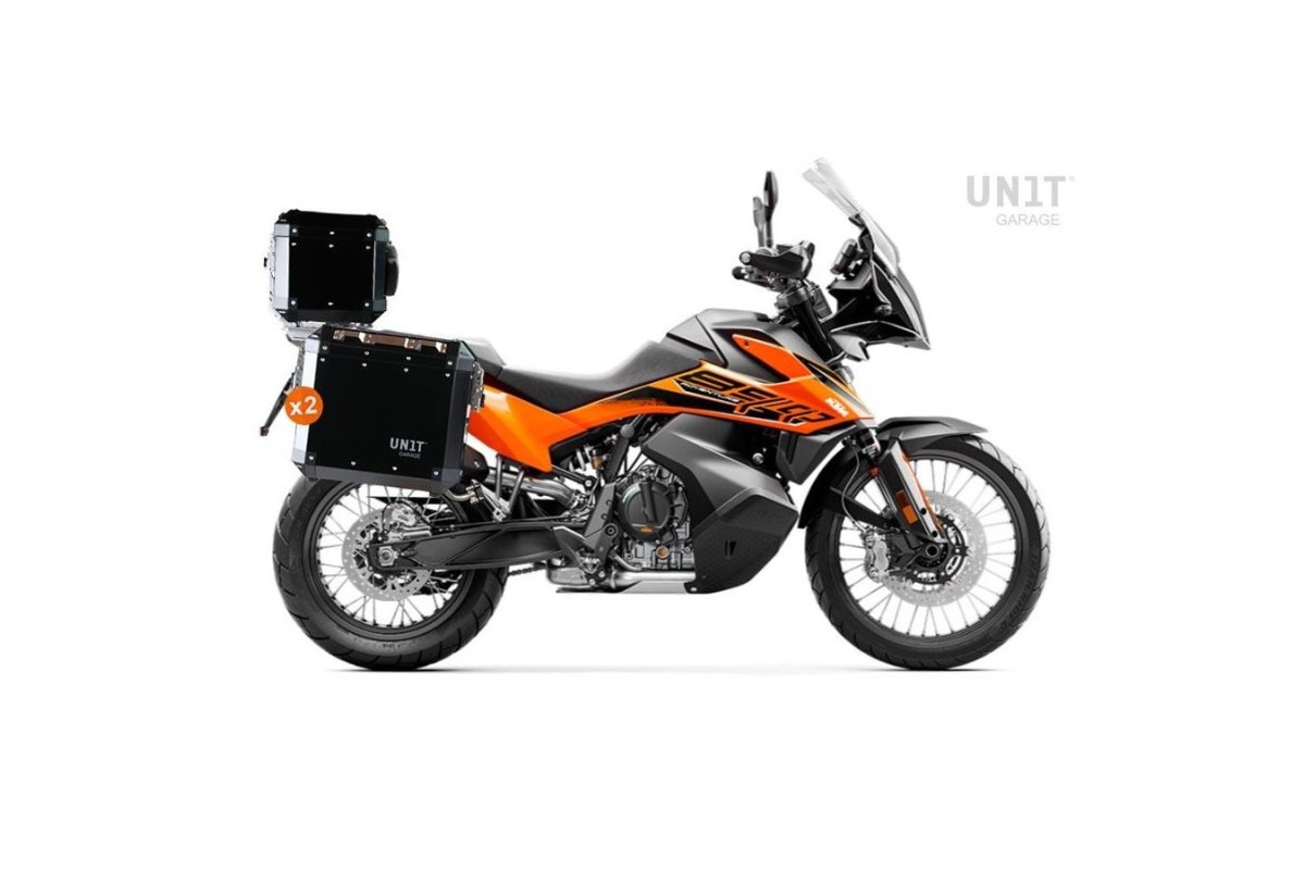 COPPIA di BORSE ATLAS ALLUMINIO 40L+34L + TELAIO UNIT GARAGE per KTM ADVENTURE 790 / 890