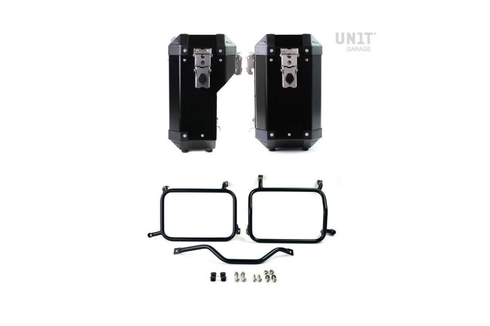 COPPIA di BORSE ATLAS ALLUMINIO 40L+34L + TELAIO UNIT GARAGE per HD PAN AMERICA 1250