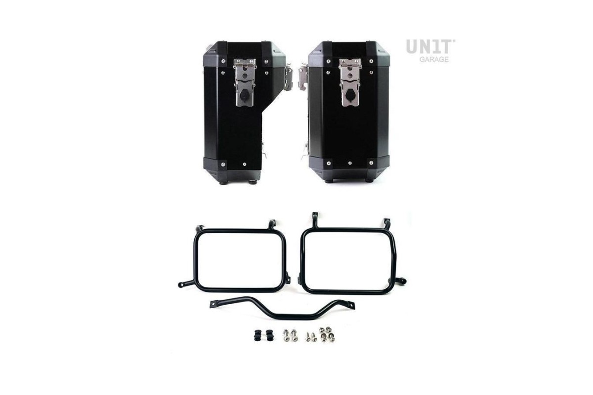 COPPIA di BORSE ATLAS ALLUMINIO 40L+34L + TELAIO UNIT GARAGE per HD PAN AMERICA 1250